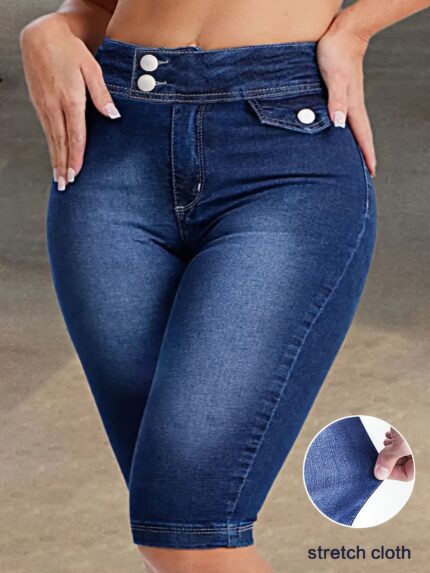 [Dark Elastic Jeans] High Waist Dark Color Elastic Jeans - 5 Points, Mid-Cut, Double-Line Small Pocket Cover with Hidden Buckle Inside