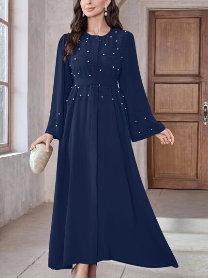 Long Sleeve Abaya 100% Polyester Elegant Pearl Embellished Regular Fit Dress for Women - Style 6200-1 with Belt Detail
