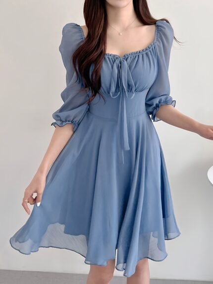 Solid Color Square Neck Dress - Elegant Short Sleeve Tie Waist A-line Flowy Dress for Spring & Summer - Women's Clothing - For Women - Suitable for Casual & Formal Occasions - Perfect Gift for Birthday & Holidays