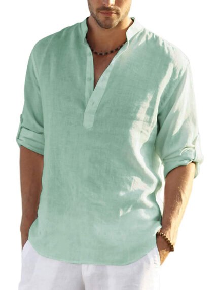 Men's Lightweight Linen Long Sleeve V-Neck Shirt - Casual Solid Color Button-Up Top for Spring & Autumn, Breathable & Machine Washable