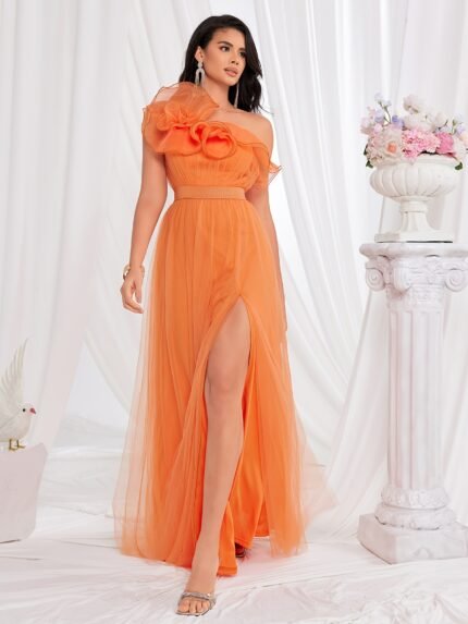 Women'S Sexy One-Shoulder Mesh Dress with Floral Detail, High-Waist Asymmetrical Hem, Knit Fabric, Polyester 95%, Elastane 5%, Long Sleeveless Party Gown