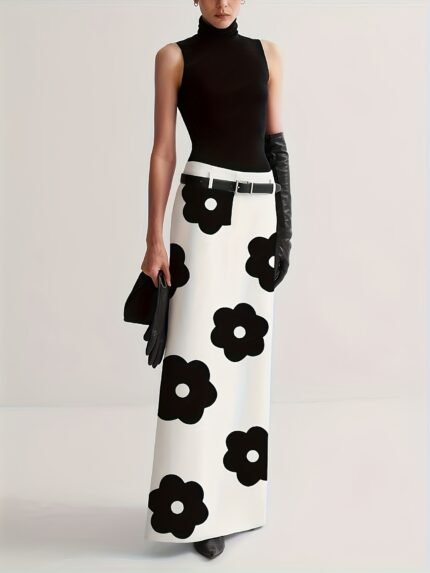 Print H-Line Skirt for Women - Slim Fit, Long Length, Black & White Flower Design, Perfect for Spring, Summer & Fall, Autumn Wear | Floral Print H-Line Skirt | Timeless Elegance