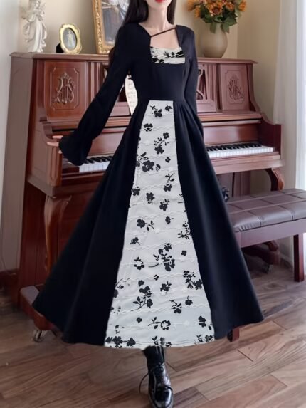 EMWM Elegant Long Sleeve Midi Dress for Women - Chic Black and White Floral Print, Off-Shoulder Design, Knee-Length with Lace Detailing, Perfect for All Seasons, Elegant Event Wear|Floral Print Dress|Polyester Fabric
