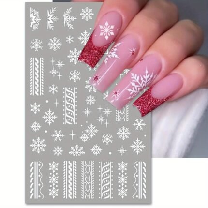 12 Sheets Large Snowflake Nail Stickers, Christmas 3D Self-Adhesive Nail Art Decals - White Snowman Santa Elk Design for DIY Manicure Winter Xmas DIY Nail Decorations