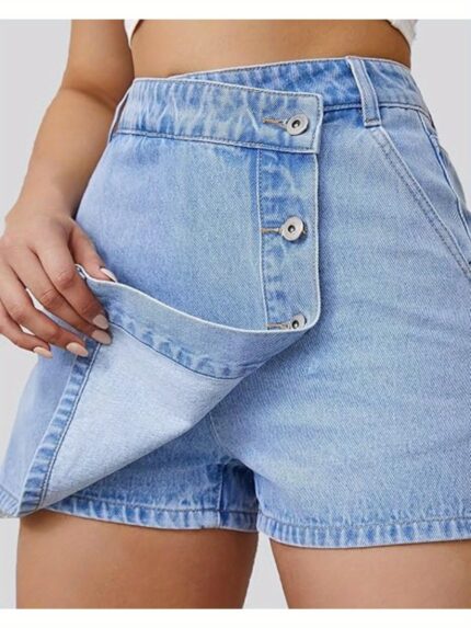Denim Shorts Women Casual High Waisted Solid Button Up Asymmetrical Denim Jean Skort Skirt Mini Shorts