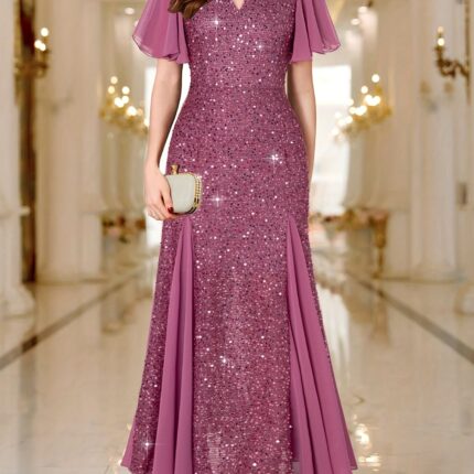 [Purple Sequins Evening Gown] Purple Lotus-Colored Sequins Long Evening Gown with Heart-Shaped Neckline and Ruffled Sleeves