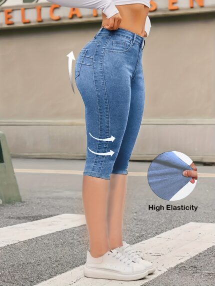 Women'S Casual High Elasticity 7-Inch Denim Shorts - Light Blue, Skinny Fit, Zipper Fly, Back Pocket, Polyester Fabric, Spring/Summer Style, Casual Wear|Skinny Fit Jeans|Zippered Shorts