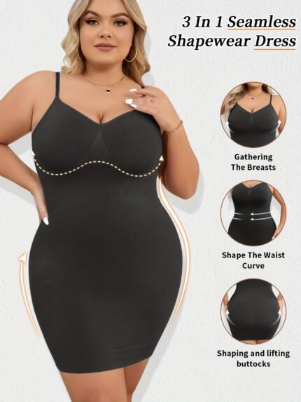 GSILISupport Plus Size Seamless Shapewear Dress - Tummy Control, Waist Lift, Buttock Sculpting, Elegant Backless Slip Design, Stretch Nylon Fabric, Comfort Fit for Women, Special Occasion Attire | Seamless Fashion | Medium Support Garment