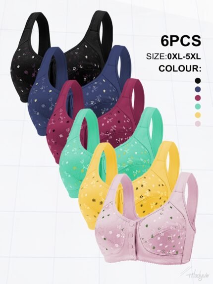6pcs oversized Women's spring and summer random print front buckle underwear Women's soft vest style large size bra without steel ring underwear women