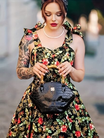 Vintage Floral Print Sleeveless Maxi Dress - Elegant Off-Shoulder Design with Ruffled Straps, Dark Green Base with Red & Black Flowers, Polyester Fabric, All-Season Women’s Fashion, Casual Elegant Dress | Cinched Waist Dress | Glossy Texture, Cute Dresses