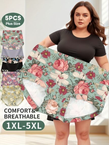 [Plus Size Shapewear] 5-Pack Plus Size High-Waisted Shapewear Panties for Women, Comfortable, Tummy Control, Elegant Floral Print, Polyester 90%, Elastane 10%, Medium Stretch Knit Fabric, Butt Lifting, Lash Sets
