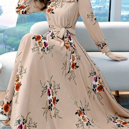 Long Sleeve V-Neck Non-Sheer Elegant Floral Print Maxi Dress with Lace Detail - Perfect for Spring/Fall Parties for Women