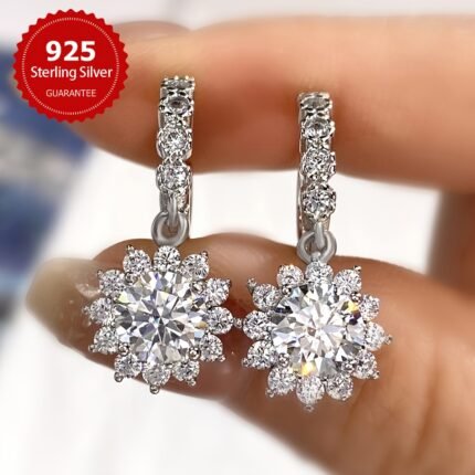 Moissanite Sunflower Pendant Earrings - 2 Carat, 925 Sterling Silver, Luxury Wedding Jewelry for Women, High-End Valentine's Day Gift