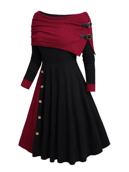 1pc Elegant Women'S Knit Dress - Polyester & Spandex Color Block Long Sleeve Fit and Flare with Off-the-Shoulder Collar and Asymmetric Design, Comfortable Stretch Fabric, Solid Color, Flared Hem for Fall/Winter