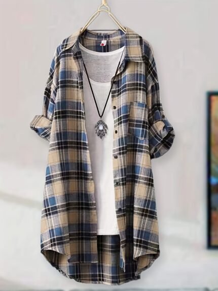 Versatile Green & Beige Plaid Mid-Length Shirt - Casual, Loose Fit with Collar, Machine Washable Polyester, Ideal for All Seasons