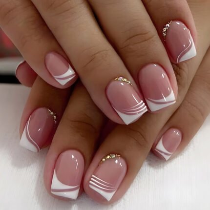 French Tip Press on Nails Medium 4 packs (96 pcs) Square Fake Nails Coffin Flower Shaped Nails Design Glitter Glue on Nails Pink Artificial Nails Pink Acrylic False Nails Exquisite for Women and Girls DIY Nail Kit