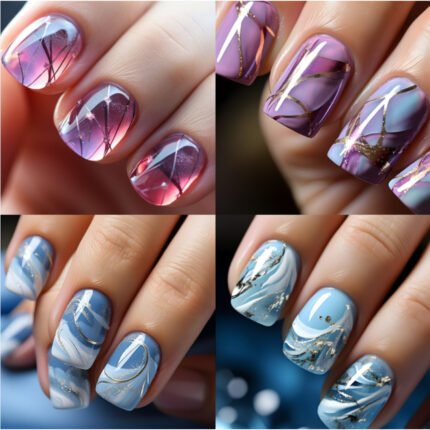 96pcs Mixed Color Gradient Press On Nails Set, Square Shape Short NailLength with Glossy Finish, 4 Different Color Pattern Styles, FashionableNail Art Kit with Jelly Glues & Nail File for Women.