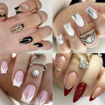 90pcs (4PACK) Medium Square Fake Nail with Silvery Shimmer Design, Artificial Acrylic Full Cover Fake Nail Suitable for Women'S Daily Wearing of Wedding Dresses and Nail Repair
