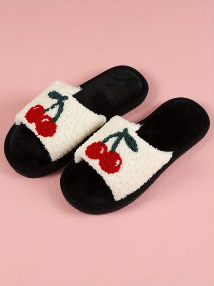 Women'S Plush Slippers for All Seasons, Warm And Cute Cartoon Indoor Home Slippers with Embroidered Cherries And a Single Strap.