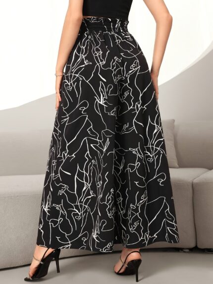 Abstract Geometric Print Wide-Leg Pants for Women - Vacation Style, Woven Polyester, Elastic Waist, Adult, All-Season - Loose Fit