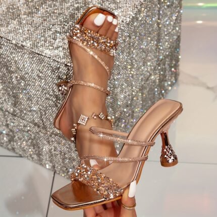 Women's Square Head Electroplated High Heels with Rhinestones and Sequins, Fashionable Metallic Silvery Sandals for Spring/Summer/Autumn